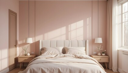 Pastel Minimalist Bedroom with Soft Pink and Beige Tones