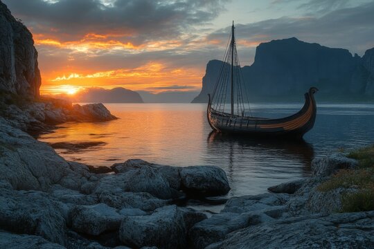 Viking ship anchored near rocky coastline during sunset with dramatic clouds and mountainous landscape in the background
