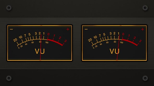 Analog VU Meter Close-Up With Glowing Amber Light And Needle Movement Loop