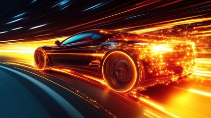 Speeding sports car, night highway, motion blur