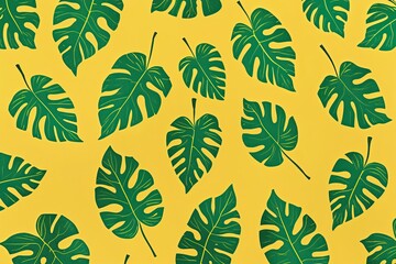 A Bright Yellow Background with Green Leaf-Shaped Motifs for a Vibrant Summer Picnic Theme