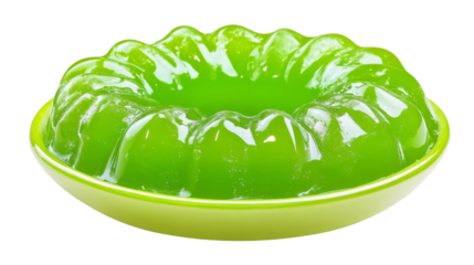 Green jelly dessert glistening on a plate with transparent background