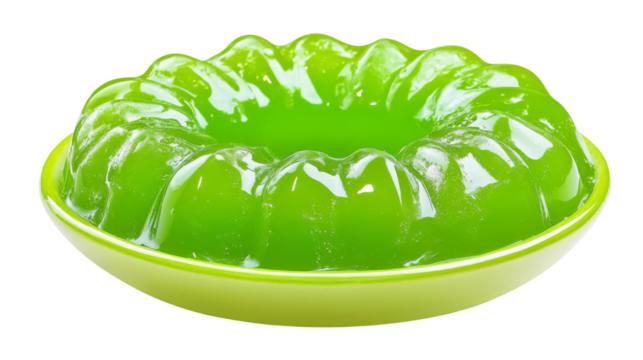 Green jelly dessert glistening on a plate with transparent background