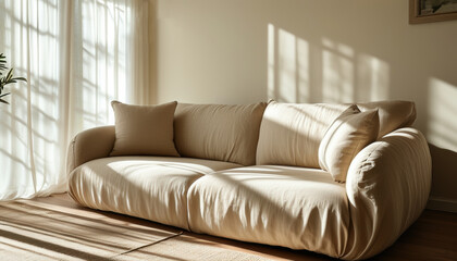 Cozy sofa with sunlight through clean window and copy space for interior design concepts