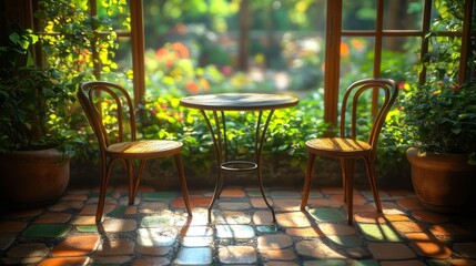 Obraz premium Sunny patio cafe with wooden chairs and table