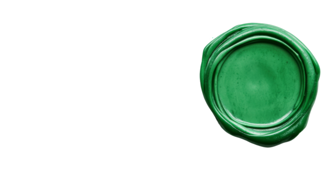 Green wax seal on transparent background guaranteeing authenticity and security