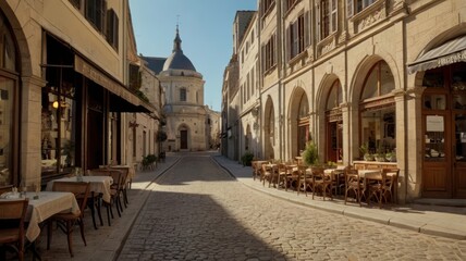 Obraz premium Charming French Street Scene: Cobblestone Street, Outdoor Cafe, and Historic Architecture