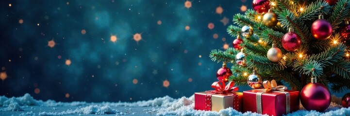 Colorful abstract Christmas tree with ornaments and presents, gifts, abstract art, winter wonderland