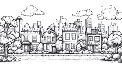 Sketchy city street scene with trees, clouds