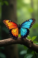 Naklejka premium Colorful butterfly wings spread wide on a wooden branch, spread, nature, forest