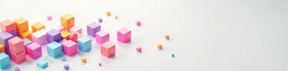 Obraz premium Colorful cubical box elements scattered across a plain white surface, background, elements, texture