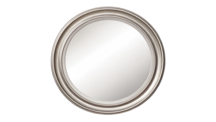 a circular mirror with a thick, ornate silver frame. The reflection is clear and undistorted. This classic style of mirror would enhance the decor of any room. 