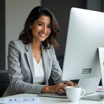 Una fotograf&iacute;a de una mujer hispana trabajadora. Hay una PC en el escritorio y ella se ve hermosa mientras trabaja.