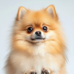 Fototapeta premium Cute pomeranian dog sitting proudly with its fluffy white coat, expressing joy and playfulness in a natural setting