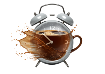 Isolated Alarm Clock with Coffee Mug Fusion and Splash