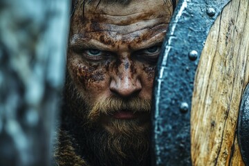 Intense warrior preparing for battle in a historical reenactment with authentic armor and weapons in a forest setting