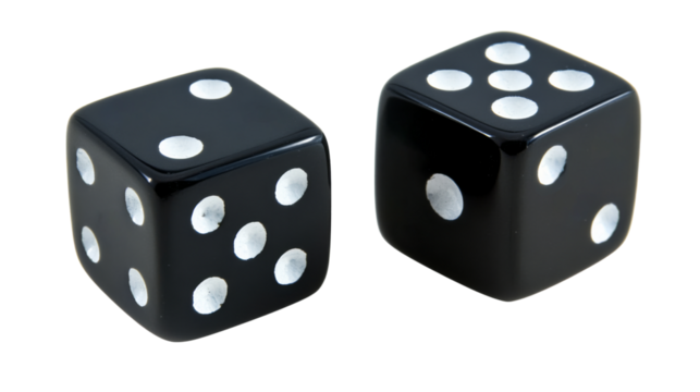 Two black dice showing five and four on transparent background