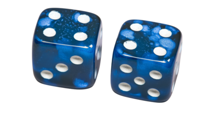 Two blue dice showing three and four on transparent background