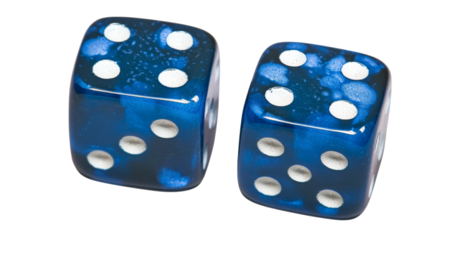 Two blue dice showing three and four on transparent background