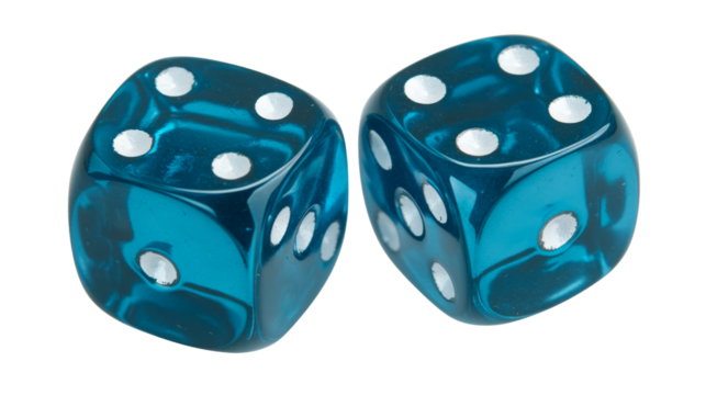 Two translucent blue dice showing opposite sides on transparent background