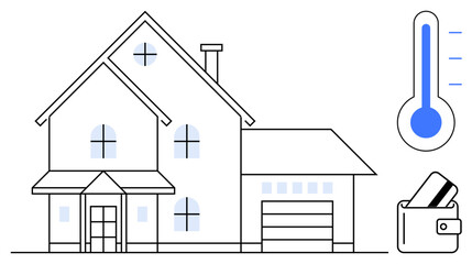 House with thermostat and wallet with credits cards illustrating energy management and cost savings. Ideal for smart homes, energy efficiency, utility bills, home automation, cost management