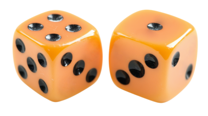 Two orange dice showing four and three on transparent background