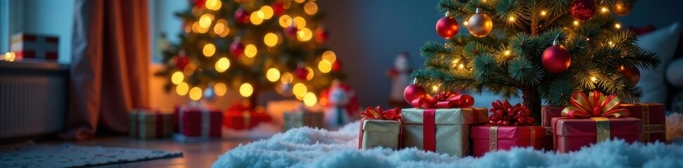 Colorful presents and Christmas tree under twinkling lights, decorations, holiday, Christmas tree