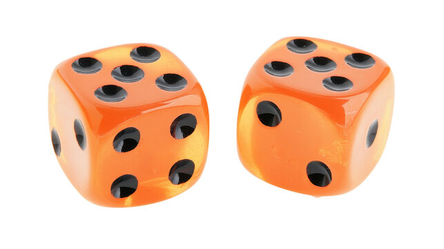Two orange dice showing six on transparent background