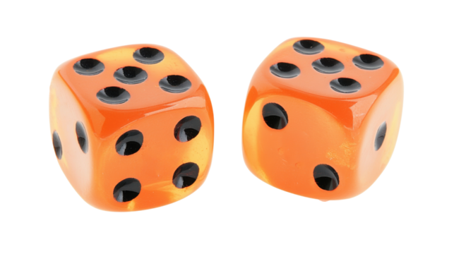 Two orange dice showing six on transparent background - Powered by Adobe