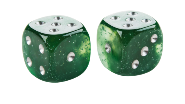 Pair of green dice showing six and three on transparent background