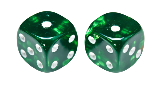 Pair of green dice showing three and four on transparent background