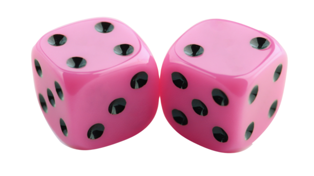 Two pink dice showing a total of ten on transparent background