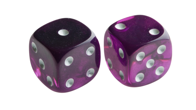Pair of purple dice showing five and four on transparent background
