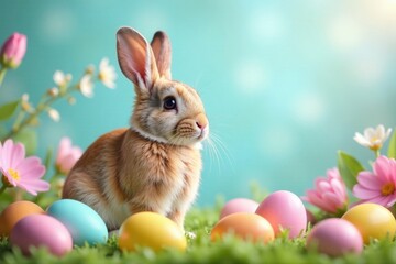 Colorful rabbit perched on a spring floral background with eggs and pastel balloons, colorful, easter, flowers