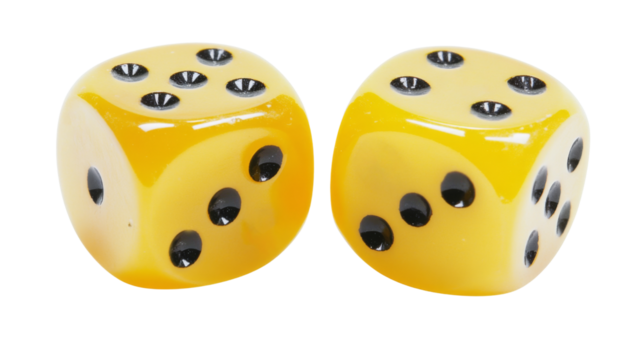 Two yellow dice showing three and four on transparent background
