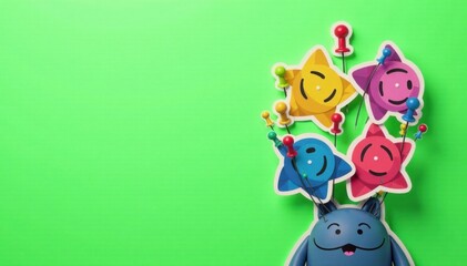 Naklejka premium Colorful stickers on a green background with a head of pins, craft materials, crafting, colorful stickers