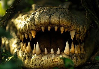 Fototapeta premium Close-Up of Crocodile Mouth with Sharp Teeth Surrounded by Lush Green Foliage Capturing Raw Power of Nature in Bright Sunlight