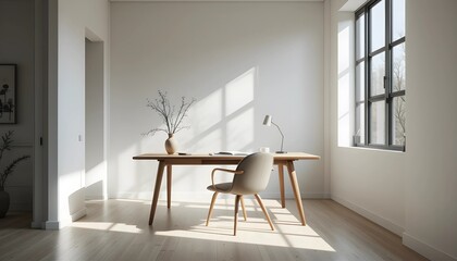 Minimalist Workspace with Wooden Desk and Natural Light