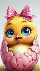 Obraz premium Cartoon yellow chicken with a pink bow on its head sitting in a pink shell on a white background 