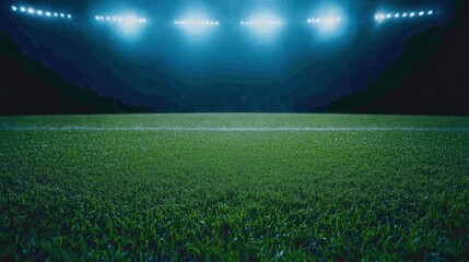 Naklejka premium Green Grass Field Under Bright Stadium Lights at Night