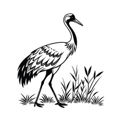 Black and White Heron Bird Silhouette with Grass – Vector Illustration
