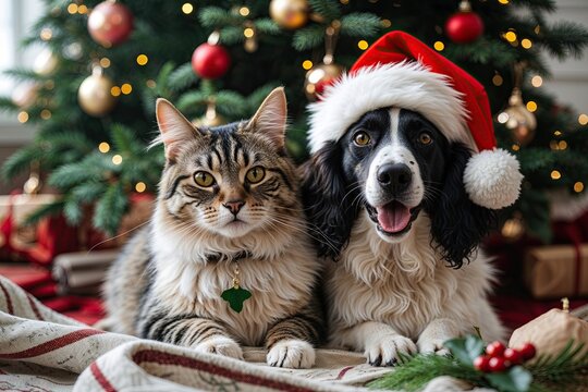 Festive Cat and Dog Duo Celebrating Togetherness Beneath the Holiday Tree