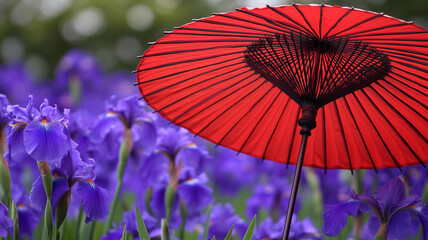 紫の花菖蒲と伝統的な和傘が織りなす風情ある情景