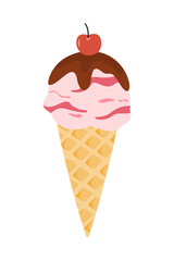 A flat illustration of a classic ice cream cone topped with a red cherry, adding a fun touch to any summer-themed design.