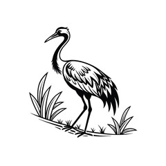 Black and White Heron Bird Silhouette with Grass – Vector Illustration