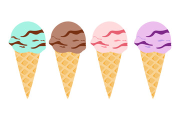 A variety of scoop-style ice cream served in waffle cones, ideal for adding a refreshing summer touch to your designs.