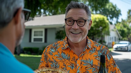Friendly gathering with pizza and wine in a sunny suburban neighborhood during the afternoon