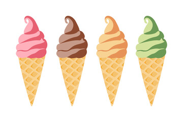 A collection of soft-serve ice cream in crispy waffle cones, perfect for representing delicious summer desserts.