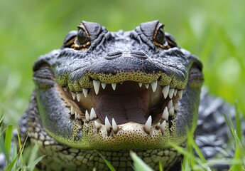 Close-up of Crocodile with Open Mouth Showcasing Sharp Teeth and Detailed Textures Set Against a Background of Lush Green Grass in Natural Habitat