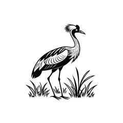 Black and White Heron Bird Silhouette with Grass – Vector Illustration
